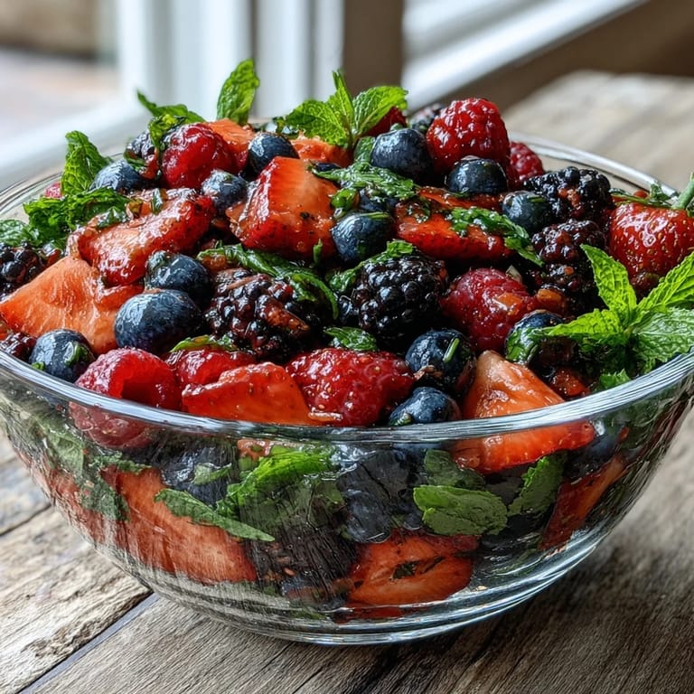 Frische Beeren-Salatschüssel mit Erdbeeren, Blaubeeren und Himbeeren, übergossen mit zitronigem Honig-Dressing für den Sommer. 