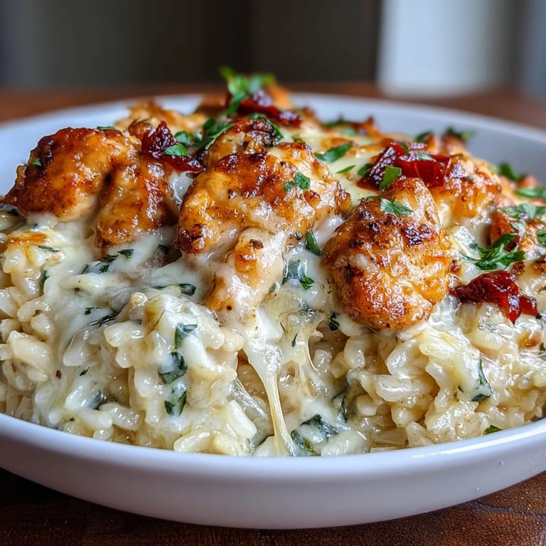 Gebackener Creamy Garlic Chicken & Reis-Auflauf aus der Auflaufform, perfekt für Familienessen.