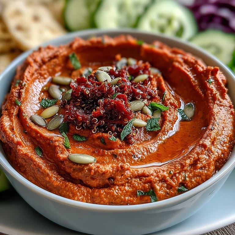Vegan Roasted Red Pepper Hummus Buddha Bowls mit buntem gemüse, oliven und keksamen auf einem rustikalen holztisch.