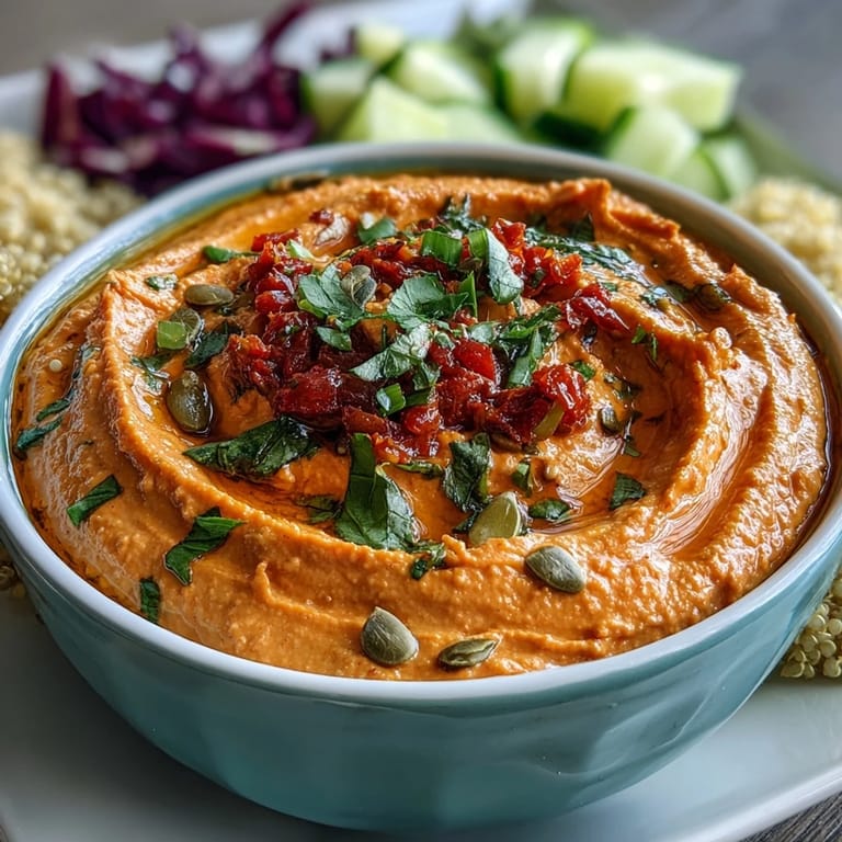 Vegan Roasted Red Pepper Hummus Buddha Bowls mit glatter hummus-dollop, röstaromen und frischer petroselinum als gesundes abendessen.