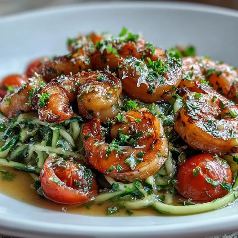 Rustikales Pfannen-Gericht mit saftigen Garnelen, spiralisierter Zucchini und rosafarbenen Tomaten, perfekt für Low-Carb.
