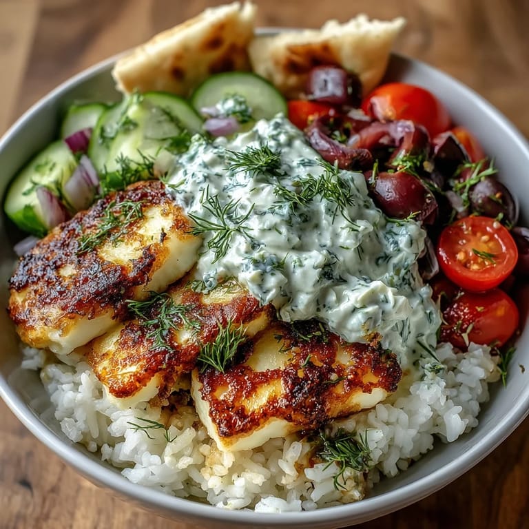 Frisch zubereitete Greek Halloumi Power Bowl mit Reis, Oliven und warmem Pita.