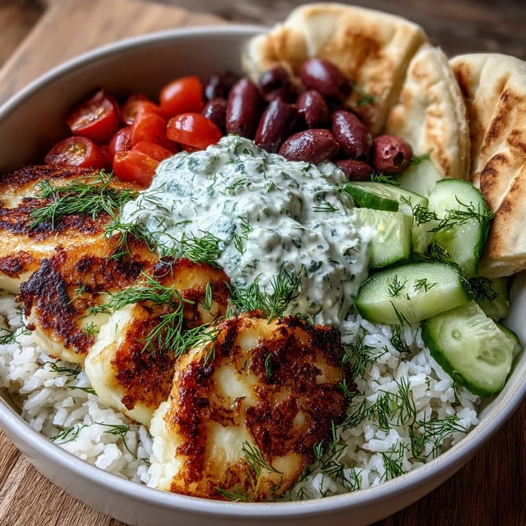 Saftig gebratene Halloumi-Käsestücke auf einer bunt belegten Mediterranean Power Bowl mit Tzatziki.