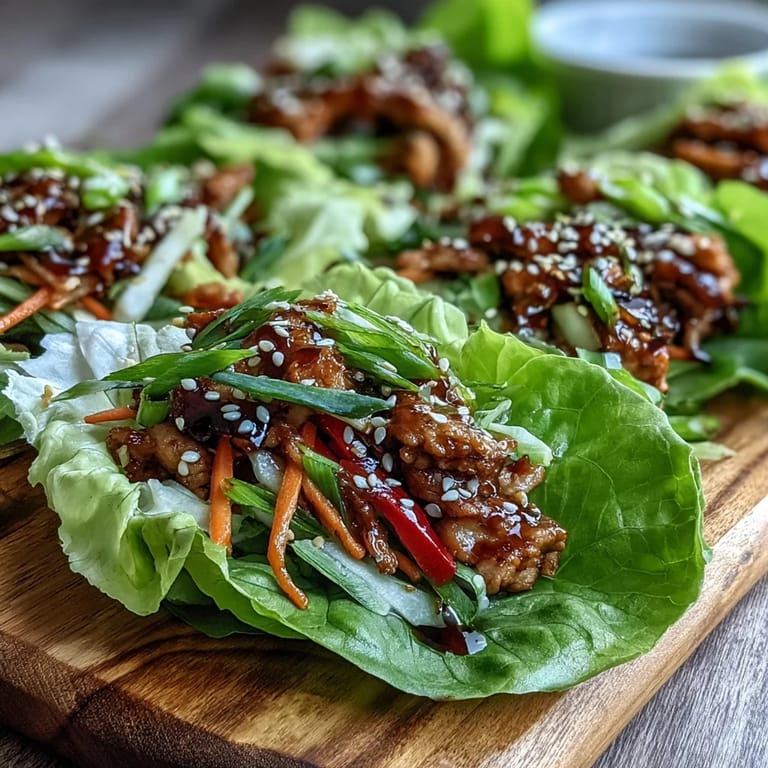 Goldbraun gebratene Turkey Potsticker Stir-Fry Lettuce Wraps mit glasigem Ingwer-Soja-Glasur auf einem rustikalen Holzbrett.
