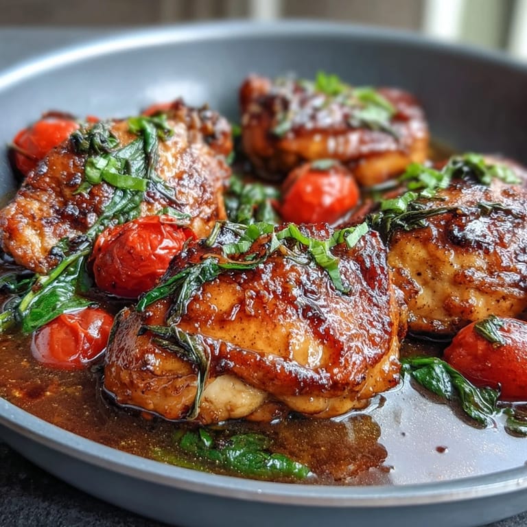 2. Balsamico-Hähnchen mit Tomaten und Spinat – zartes Fleisch in einer einzigen Pfanne geschmort, mit frischem Gemüse und einer säuerlich-süßen Sauce.