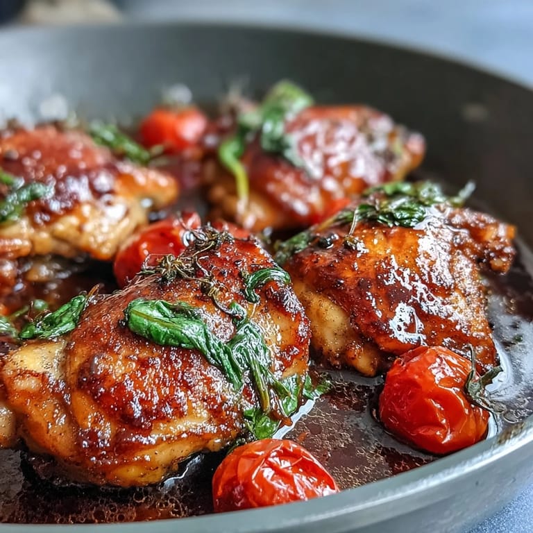 3. One-Pan Balsamic Chicken mit Tomaten und Spinat – knuspriges Hähnchen, saftige Tomaten, frischer Spinat und eine aromatische Balsamico-Sauce in einer Pfanne.