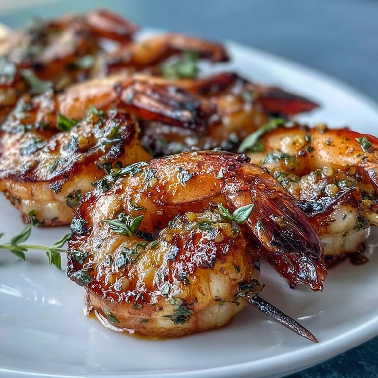 Gegrillte Zitronen-Kräuter-Garnelen-Spieße mit aromatischer Marinade und leichtem Grillaroma.