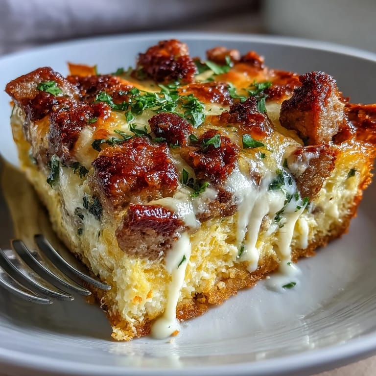 2. Würziger Frühstücksauflauf mit knuspriger Wurst, sautierten Paprika und cremigen Eiern – goldbraun gebacken und käsig überbacken.