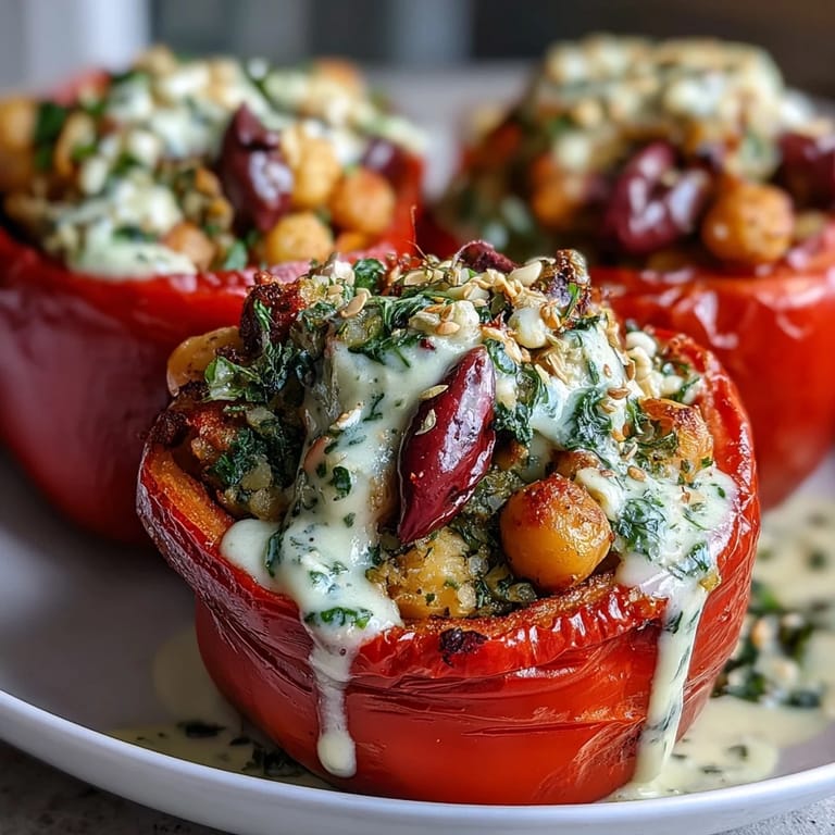 Duftende Paprika gefüllt mit gewürzten Kichererbsen, Zucchini und Quinoa, beträufelt mit frischer Zitronen-Tahini-Sauce. Lebendiges, glutenfreies Gericht mit mediterranem Flair.