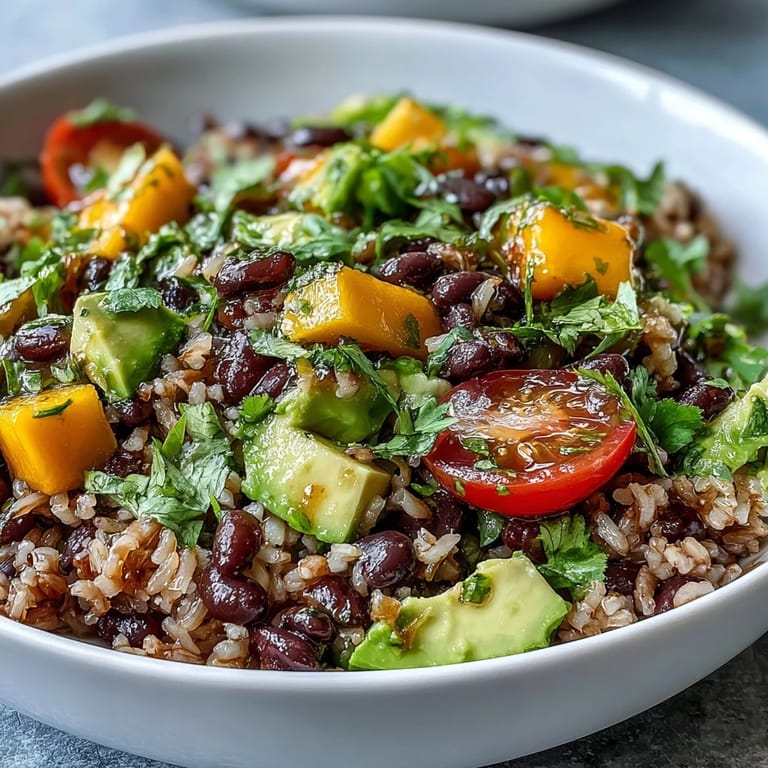 Frische Mango, schwarze Bohnen und brauner Reis in einem farbenfrohen, veganen Schälchen.  