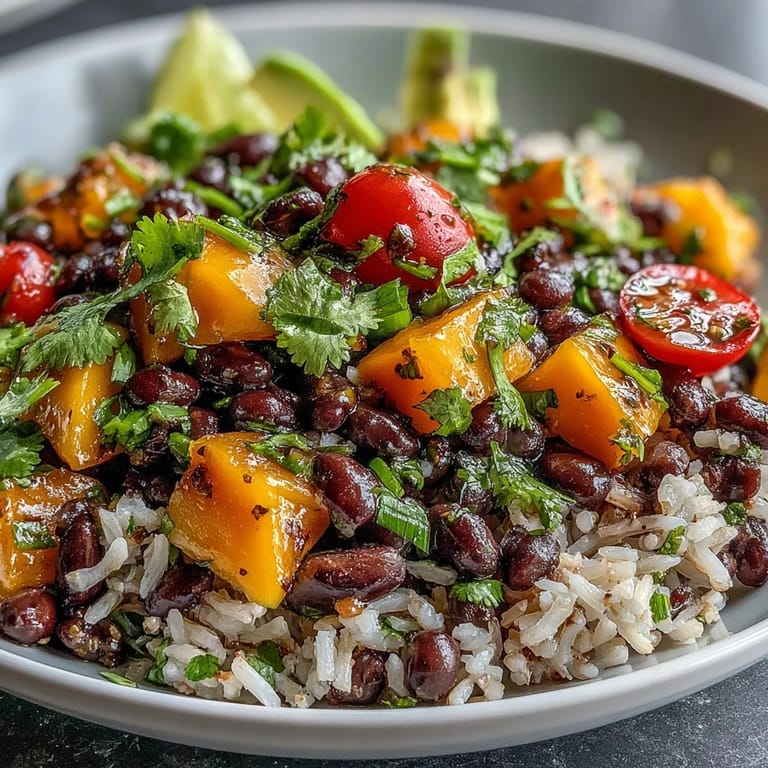 Exotische Fiesta-Schälchen mit Mango, Avocado und Limettendressing auf braunem Reis.