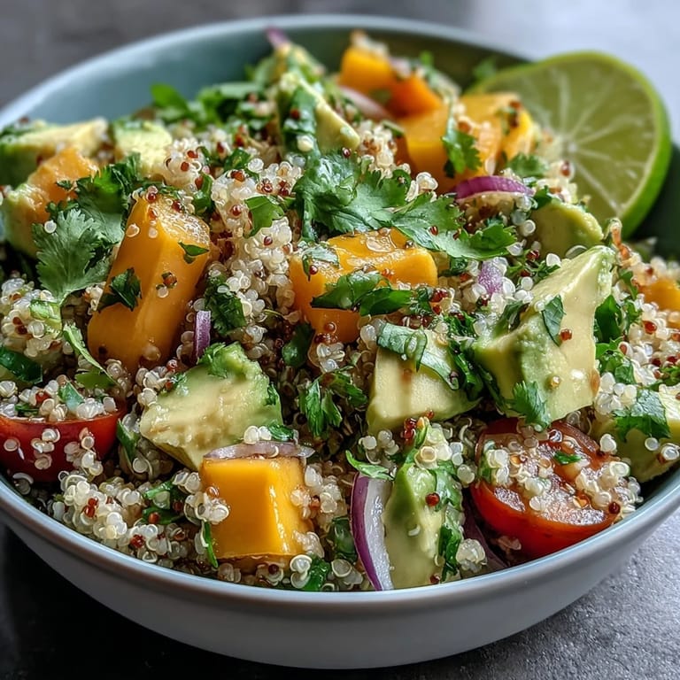 Ein lebendiger Mix aus reifer Mango, Avocado, Quinoa und Limettendressing, perfekt für ein leichtes, tropisches Gericht an warmen Tagen.