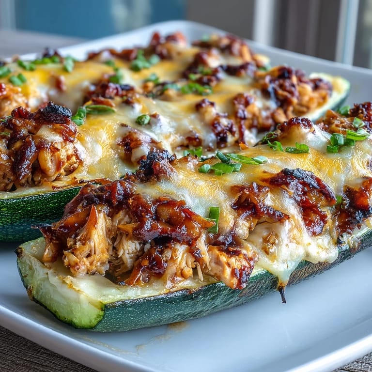 1. "Skinny BBQ Chicken Stuffed Zucchini Boats mit zartem Hähnchen, geschmolzenem Käse und frischen Kräutern – ein proteinreiches, kohlenhydratarmes Hauptgericht."