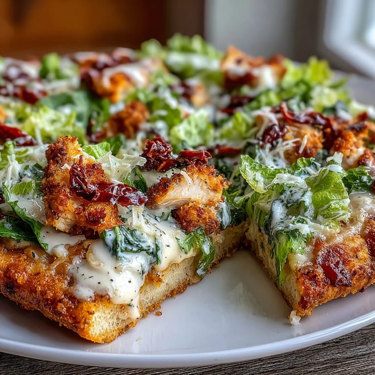 Proteinreiche Pizza mit goldener Hühnerbasis und bunten Gemüsetoppings.  