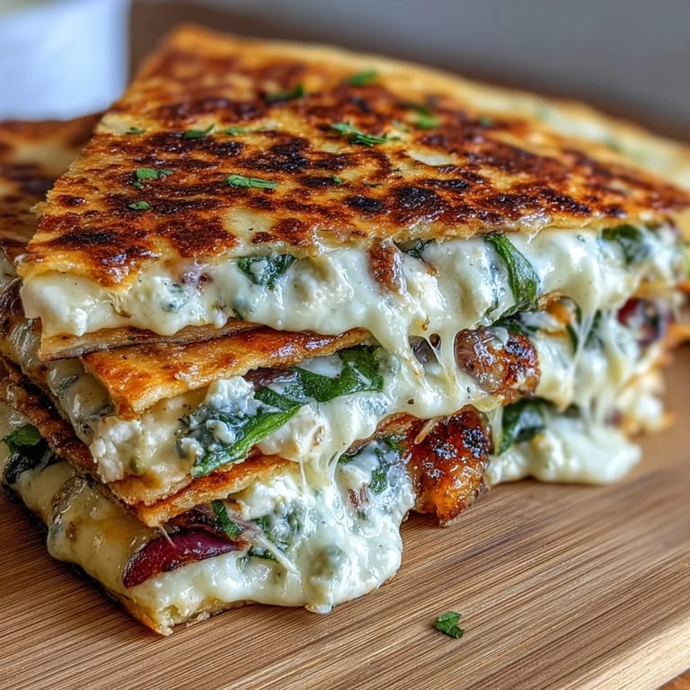 Saftige Mediterrane Quesadillas mit Spinat und Feta: aromatischer Feta, frischer Basilikum und zarter Spinat zwischen knusprig gebratenen Tortillas.  