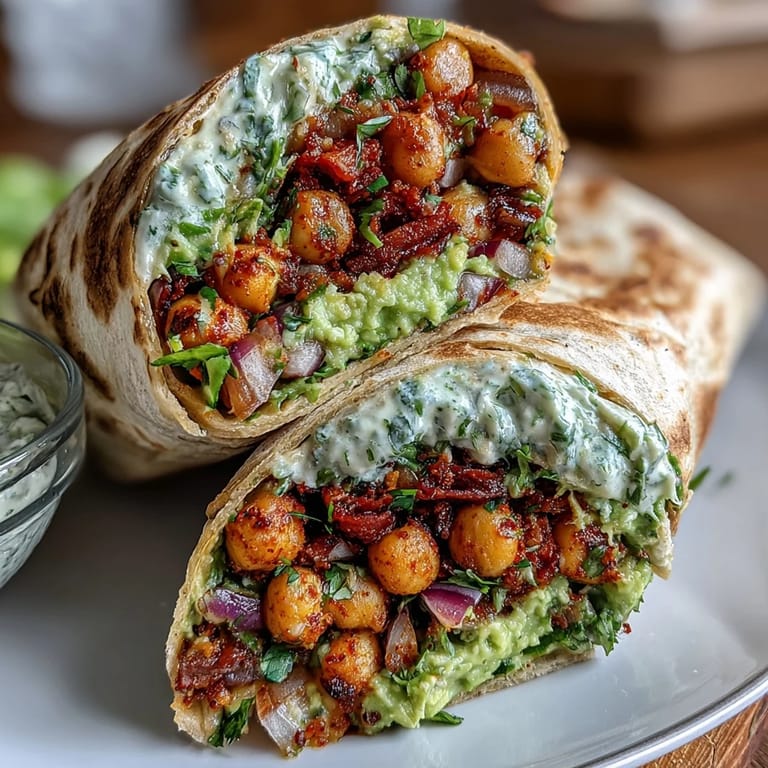 2. Nahaufnahme einer veganen Kichererbsen-Avocado-Wrap, die mit frischem Koriander und gemischtem Salat garniert ist und perfekt für ein schnelles, nahrhaftes Mittagessen geeignet ist.