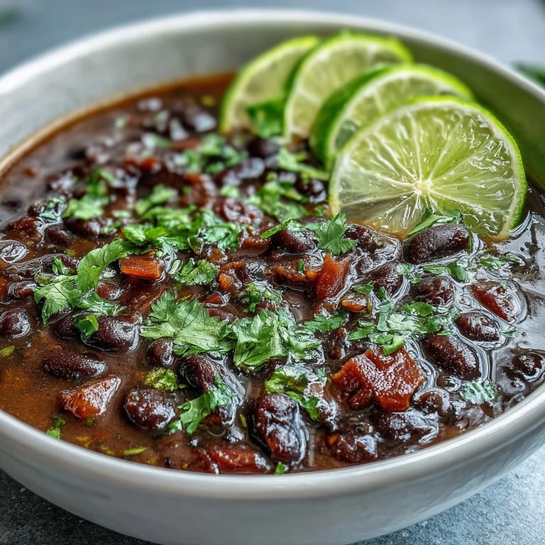 Dampfende Schüssel mit würziger Schwarzbohnensuppe, zartem Schinken und einem Hauch Limette und Koriander.
