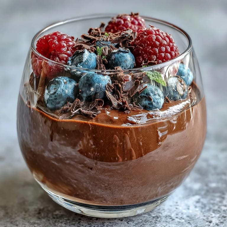 Reichhaltige Schokoladen-Mousse aus Cottage Cheese, dekoriert mit bunten Beeren, ein genussvolles und nahrhaftes Dessert.
