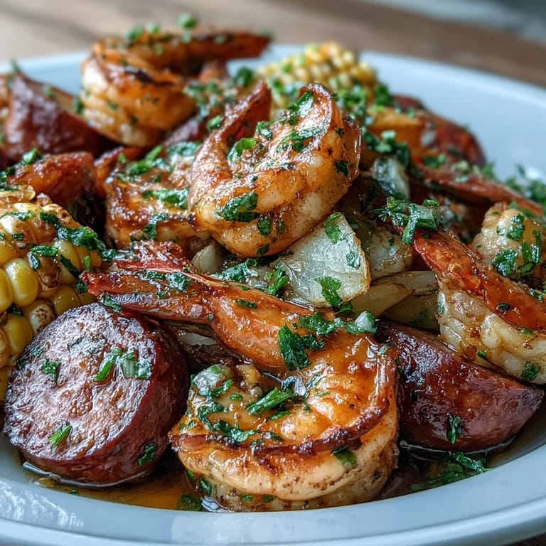 2. Buntes Southern-Festmahl: frische Garnelen, Andouille-Wurst, Maiskolben und Kartoffeln in einer aromatischen Cajun-Gewürzmischung gekocht.