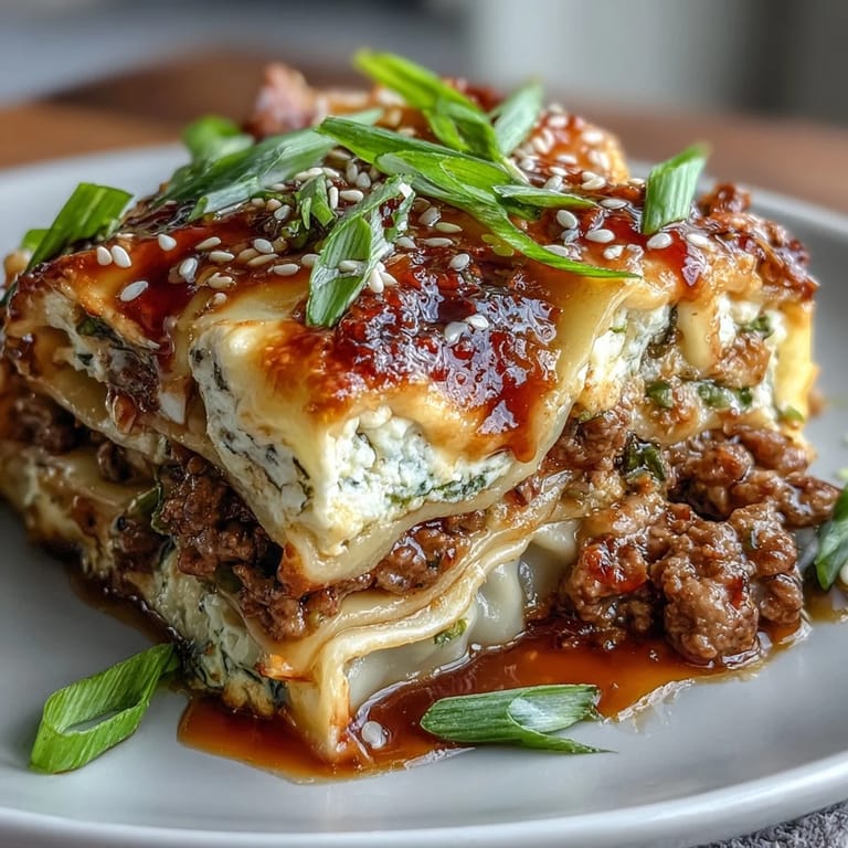 1. Farbenfrohe Asian Dumpling Lasagna mit würzigem Hackfleisch, knackigem Gemüse und goldgelbem Käse, beträufelt mit aromatischer Soja-Ingwer-Sauce.