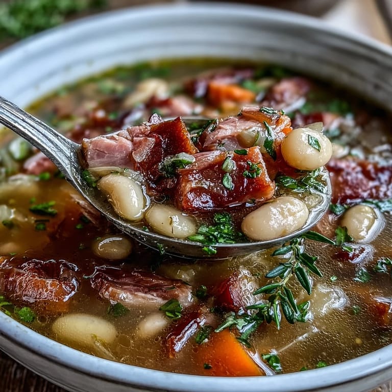 3. Cremige Bohnensuppe mit gewürfeltem Schinken, frischem Gemüse und aromatischen Kräutern, serviert dampfend heiß in einer Suppenschüssel.