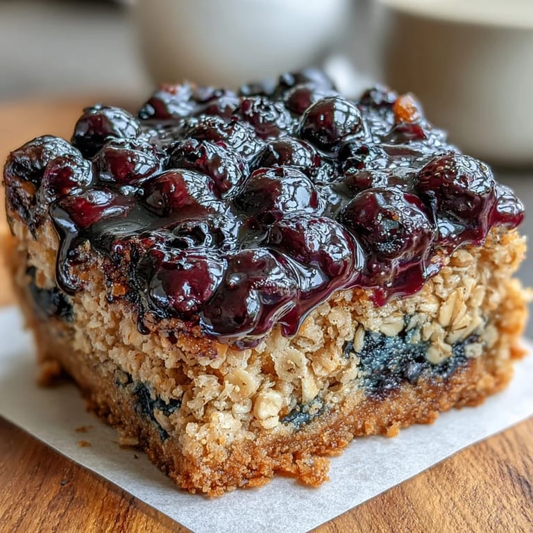 Goldbraune Blaubeer-Haferflocken-Riegel mit süßer Füllung und knuspriger Haferflockenkruste.
