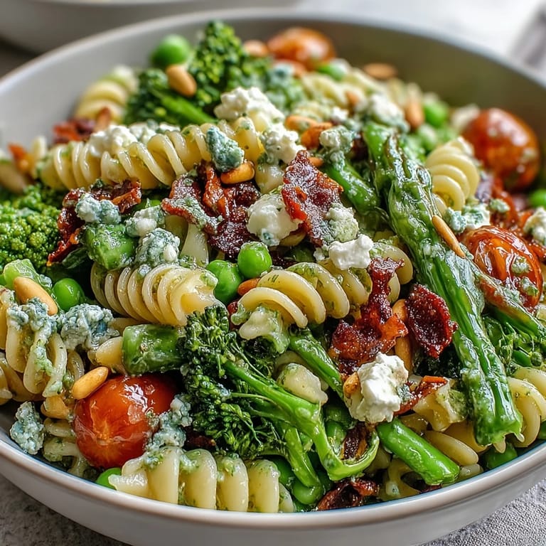 Bunter Pasta-Salat mit knackigem Brokkoli, süßen Erbsen und Kirschtomaten, leicht mit Zitronen-Dressing geworfen.  