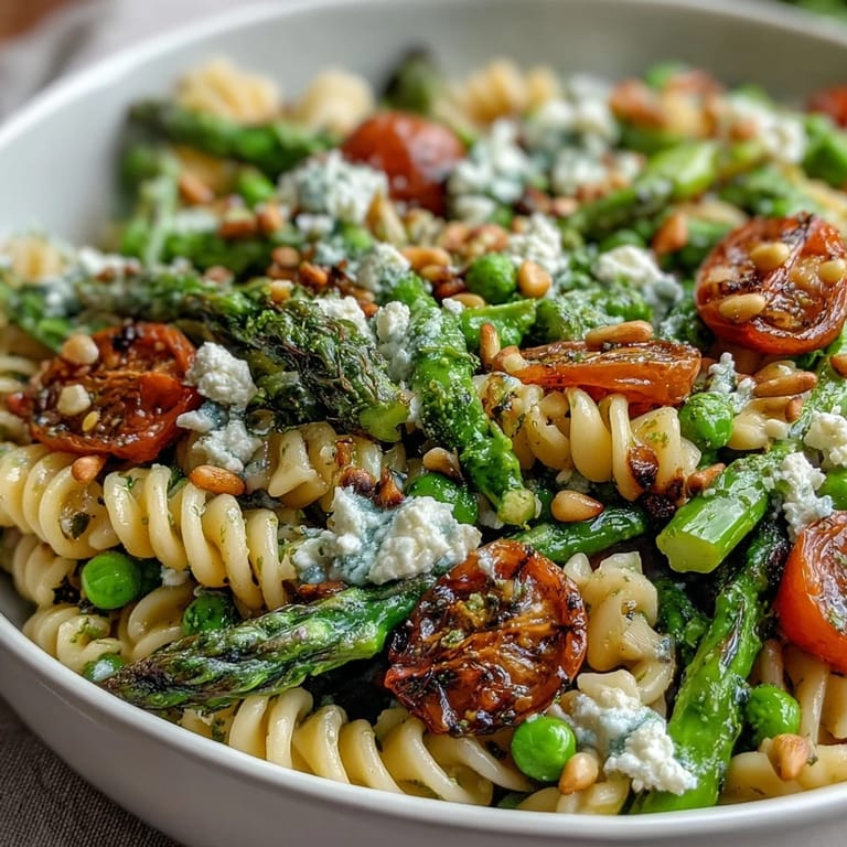 Frischer Pasta-Salat mit Brokkoli, Erbsen und Gurke, garniert mit Feta und Pinienkernen, ideal für Frühlingsmahlzeiten.