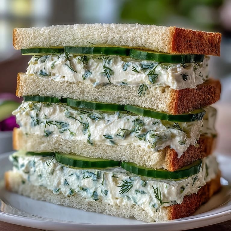 2. Klassische Gurkensandwiches mit Kräuter-Frischkäsecreme – perfekt für elegante Anlässe und leichte Snacks.