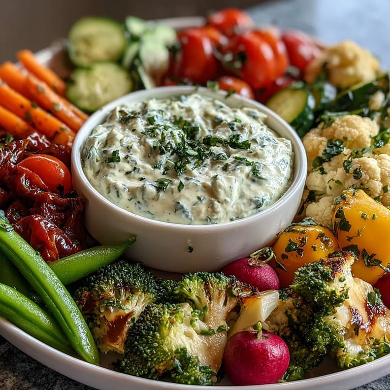 2. Gesunde Snackplatte mit knackigem Gemüse und erfrischendem Green Goddess Dip - perfekt für Partys oder Picknicks.