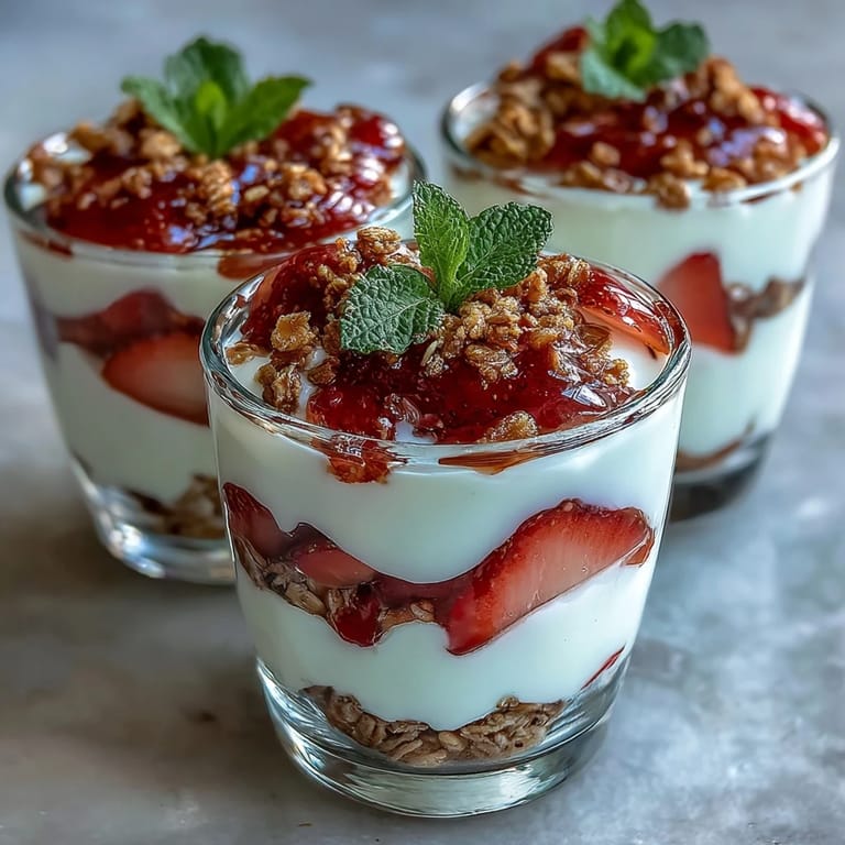 2. Erdbeer-Joghurt-Schichtdessert im Shot Glas: Verlockende Kombination aus griechischem Joghurt, saftigen Erdbeeren und knackigem Müsli, serviert in eleganten Gläsern.