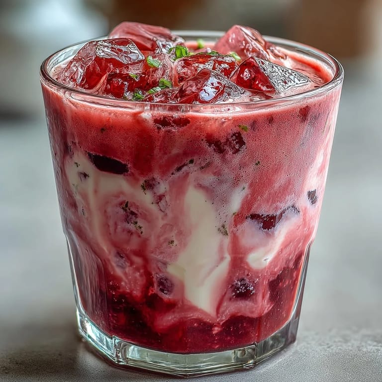 Lebendiger Matcha-Erdbeer-Drink mit süßer Vanillecreme und eisgekühlter Erdbeerpüree-Schicht.  