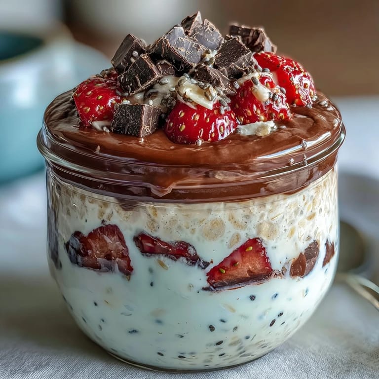 Leckeres Erdbeer-Schokoladen-Übernacht-Oats-Dessertglas, perfekt für ein gesundes Frühstück oder Dessert.