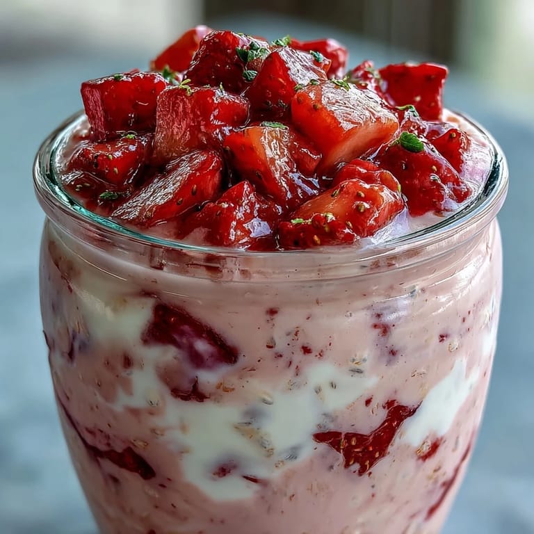 Sinnliches und erfrischendes Gericht mit süßen Erdbeeren, zitroniger Schale und knusprigen Mohnkörnern in cremigen Overnight Oats.