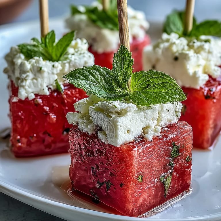 3. Kühle Wassermelonen-Feta-Spieße mit cremigem Käse und frischen Kräutern, ideal für einfaches Fingerfood.