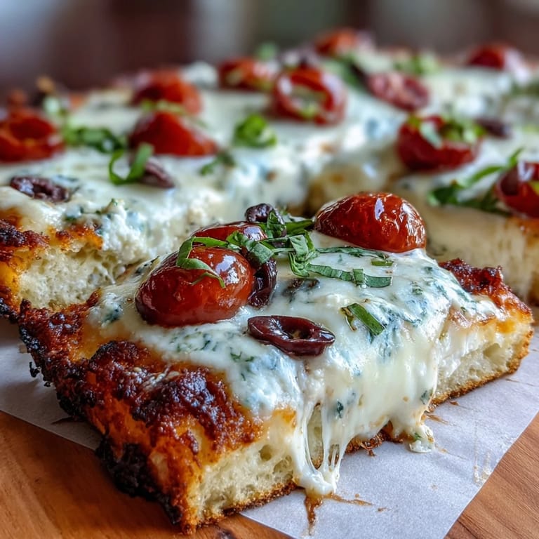 1. Low Carb Cottage Cheese Flatbread Pizza mit goldener Kruste, belegt mit geschmolzenem Mozzarella, Oliven und frischen Tomaten, perfekt für schnelle Low-Carb-Mahlzeiten.