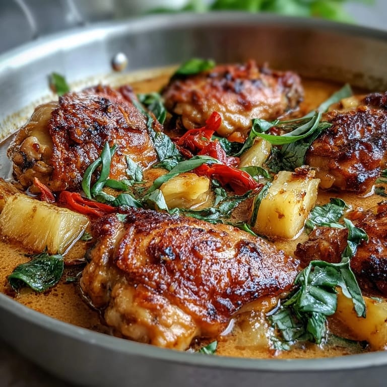 Ein-Pfanne-Hähnchen-Ananas-Kokos-Curry mit zartem Hähnchen, saftiger Ananas und cremiger Kokosmilch in einer duftenden Currysoße.