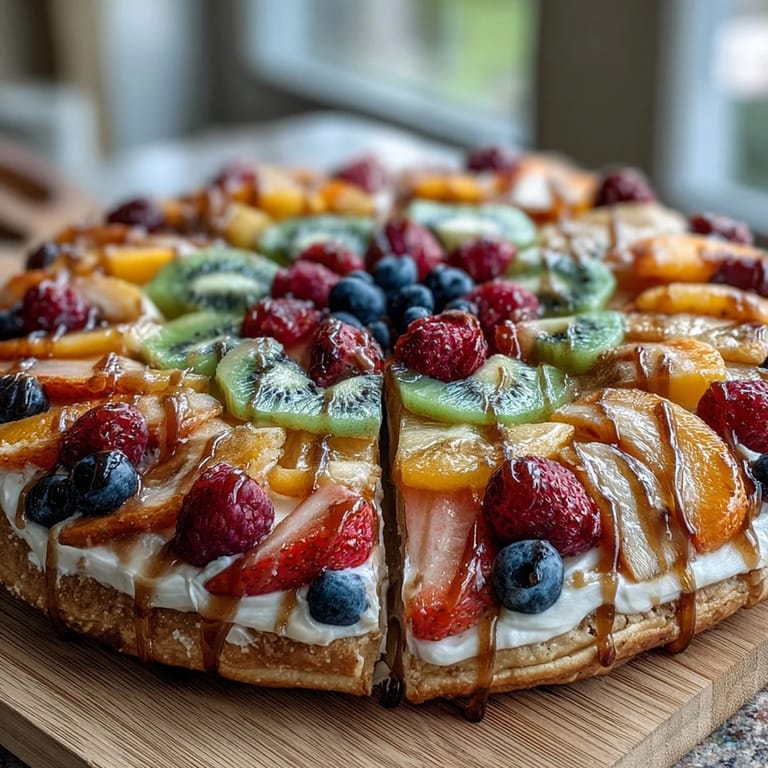2. Vibrant dessert featuring chewy sugar cookie crust, creamy frosting, and an artful arrangement of seasonal fruits.