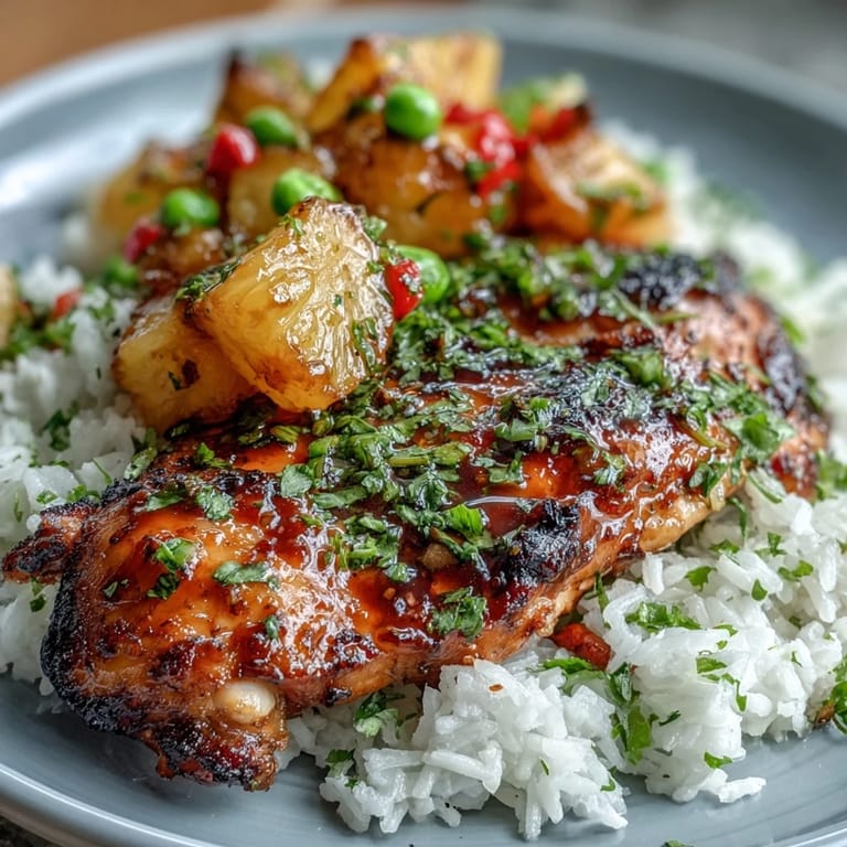 Frische Ananas und Hähnchenbrust mit Reis in aromatischer Soße in Alufolie gedämpft.
