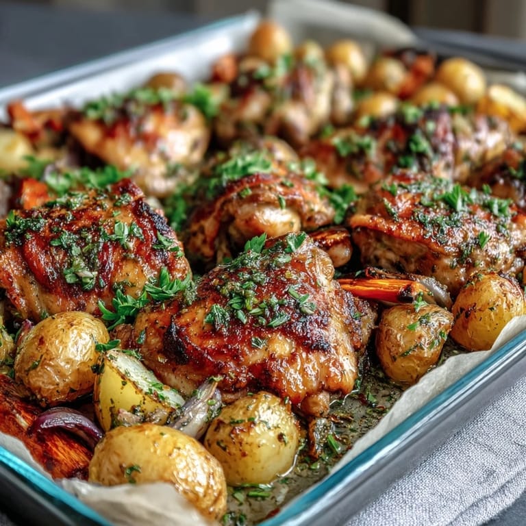 Gegrillte Hähnchenschenkel mit aromatischen Kräutern, umgeben von zarten Kartoffeln und knackigen Karotten auf einem Backblech.