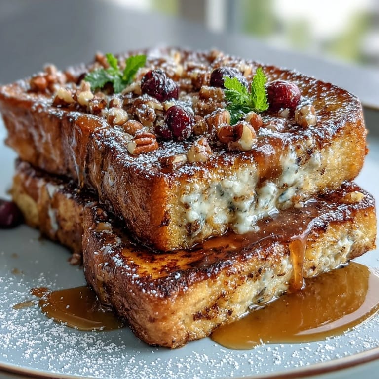 Reichhaltiger Blaubeer-French-Toast mit cremiger Vanille-Custard und Zimt-Zucker-Kruste.  