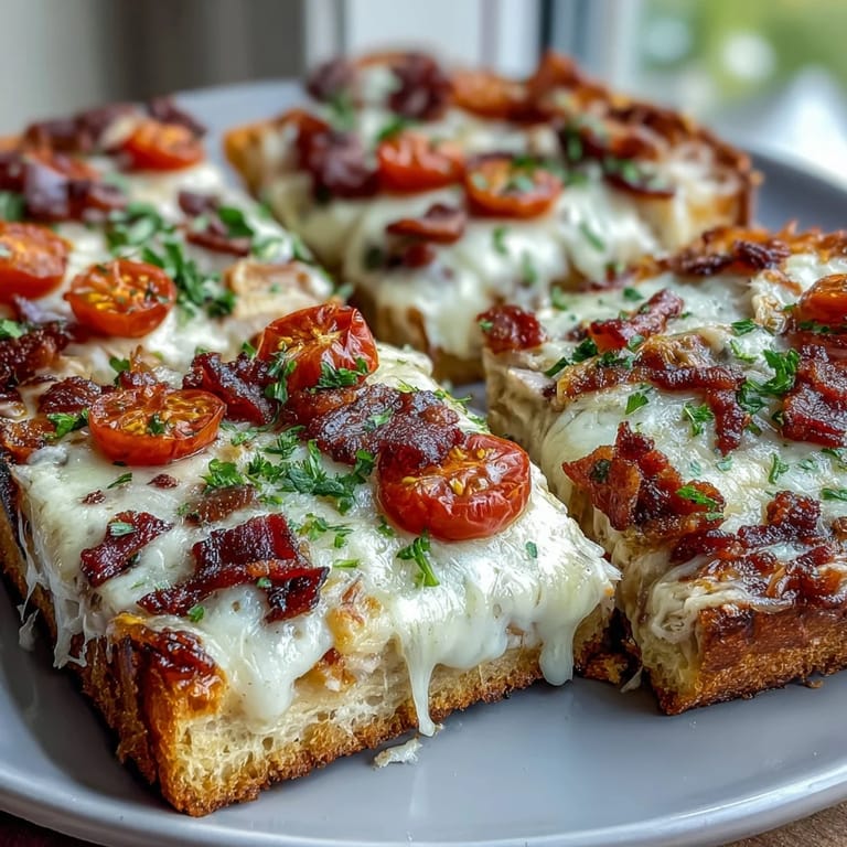 Sinnliche Kentucky Hot Brown Flatbread Pizza mit geschmolzenem Käse, saftigen Tomaten, herzhaftem Speck und cremiger Sauce auf knuspriger Kruste. Ideal für Feierlichkeiten oder gemütliche Mahlzeiten.