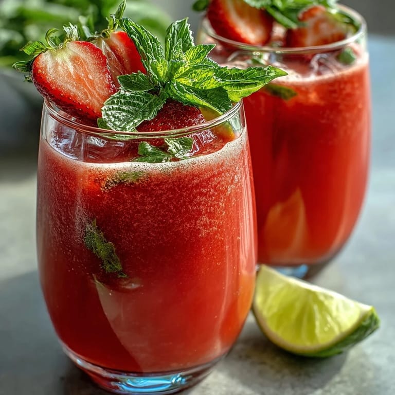 Kühlende Erdbeer-Basilikum-Limonade mit Eiswürfeln und Zitronenscheiben in einem Glas.