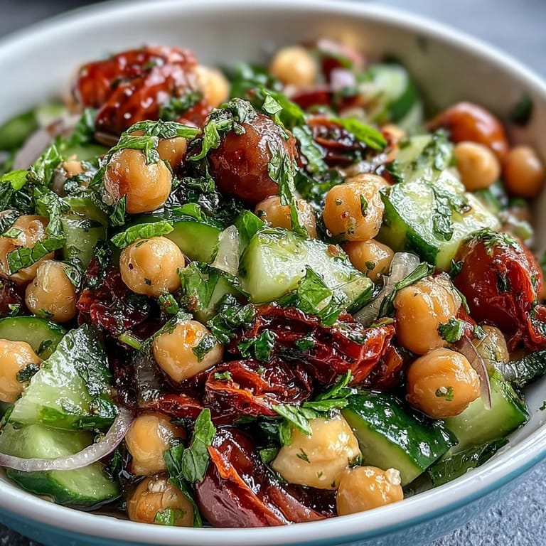 Kühler Gurkensalat mit Kichererbsen, gewürzt mit zitronigem Vinaigrette, perfekt für ein erfrischendes Mittagessen.