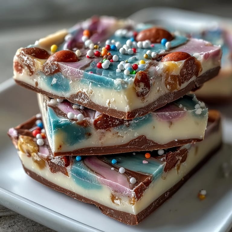 Kunterbunter Oster-Schokoladenbruch mit knusprigen Cadbury Mini-Eiern und bunten Zuckerstreuseln.