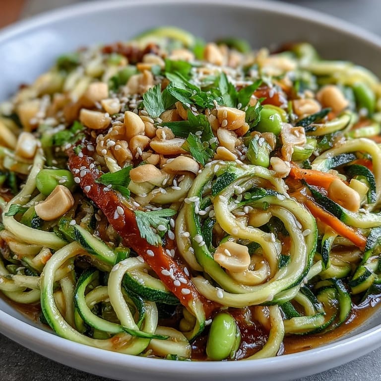 1. Gesunder, einfacher Zucchininudel-Stir-Fry mit cremiger Erdnusssoße, vollgepackt mit frischem Gemüse und leuchtenden Farben.