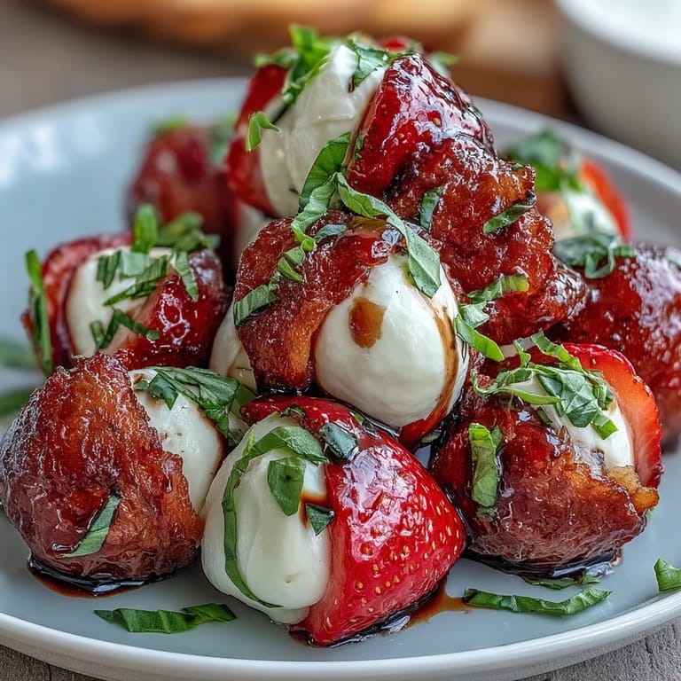 Frische Erdbeer-Mozzarella-Spieße mit Basilikum, beträufelt mit süßem Balsamico, ein farbenfroher Appetitanreger.