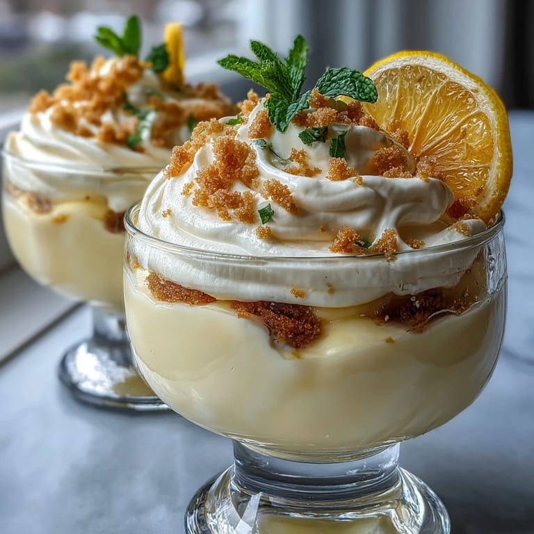 Zitronen-Mousse-Törtchen mit Butterkeks-Krümeln: Zitronige Mousse auf buttrigem Krümelboden, garniert mit frischen Beeren.