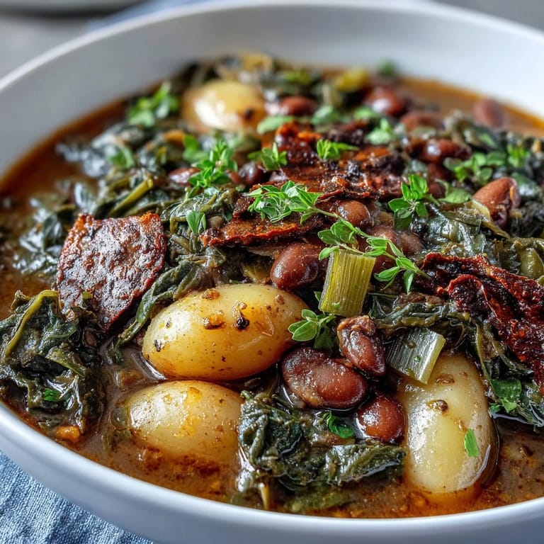 Dampfende Schüssel mit schwarzen Augenbohnen und Grünkohl, gewürzt mit Thymian und geräuchertem Paprika, serviert mit Maisbrot.