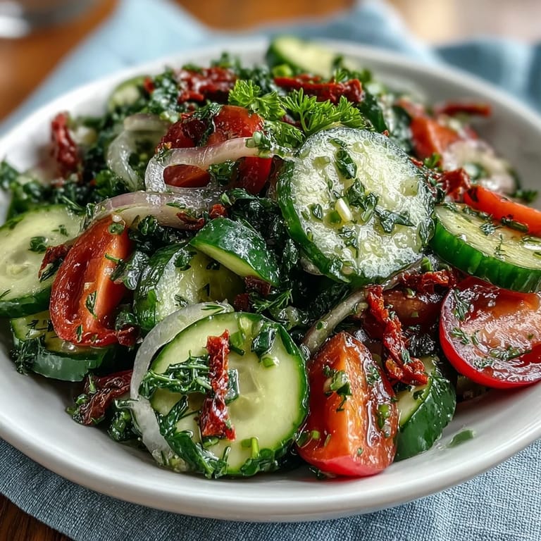 Bunter Salat aus Gurken, Radieschen und Dill-Vinaigrette, ideal für den Frühling.